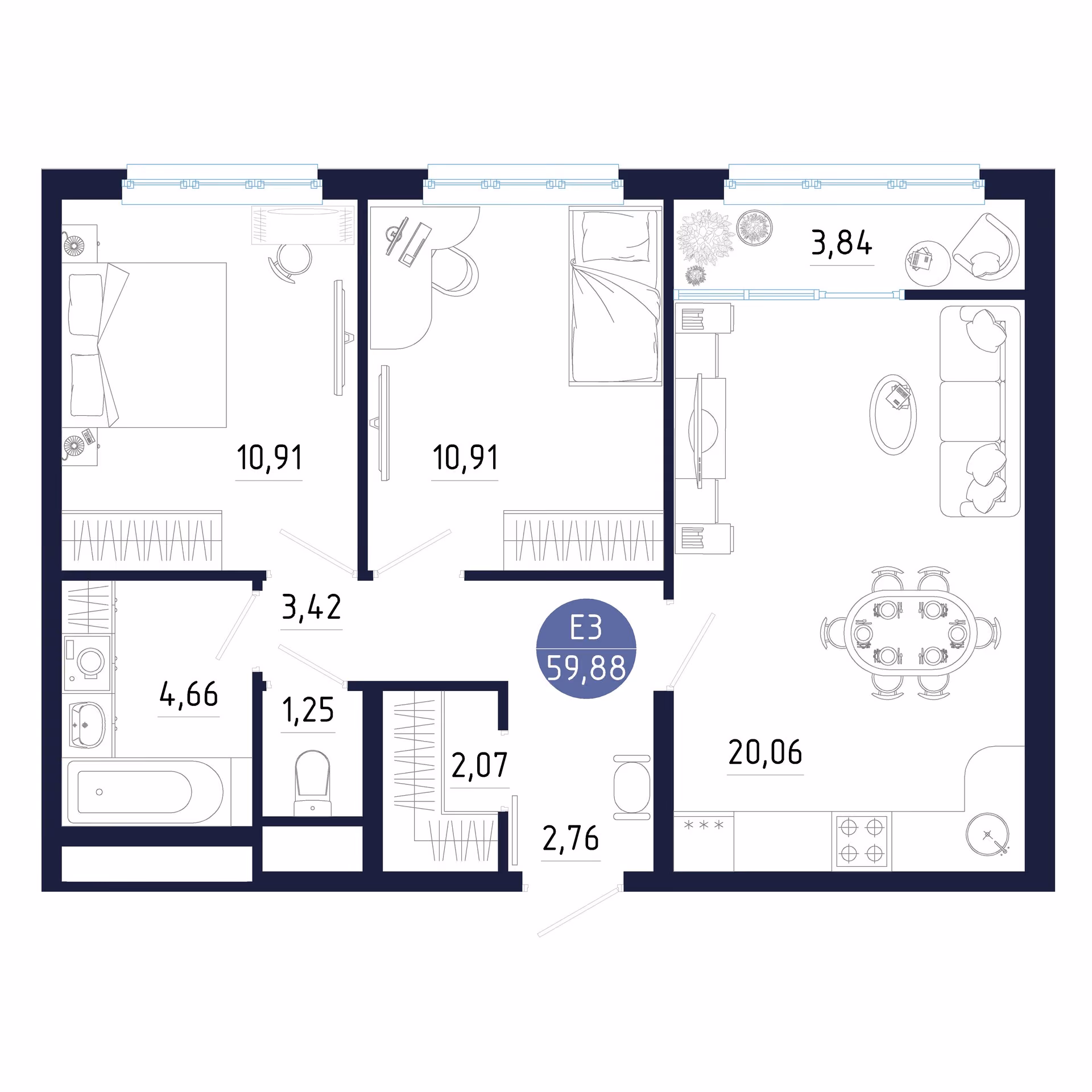 Планировка Квартира с двумя спальнями и гостиной 20 м² (Евро-3)