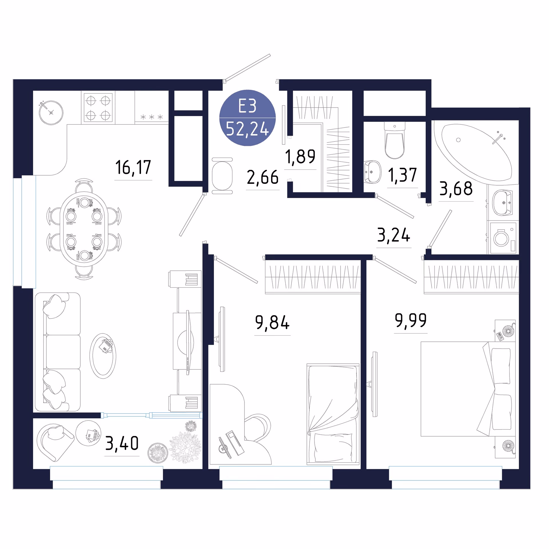 Планировка Квартира с двумя спальнями и гостиной 16 м² (Евро-3)