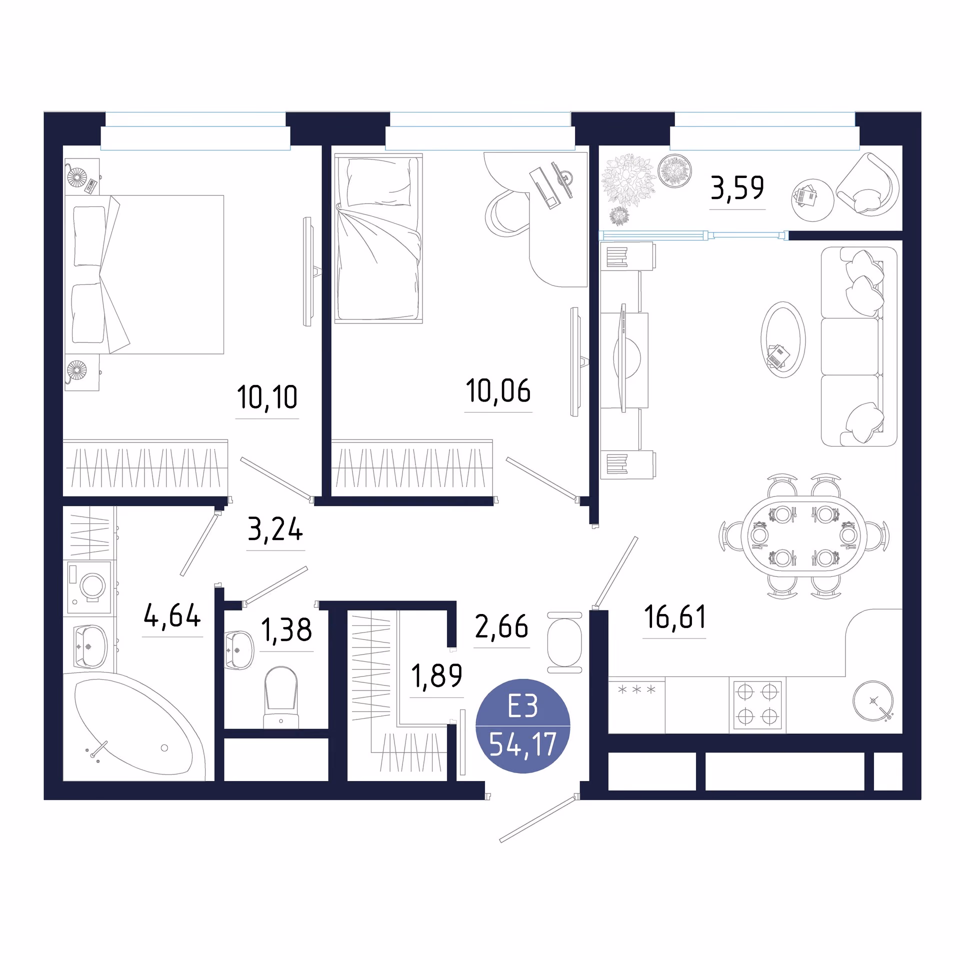 Планировка Квартира с двумя спальнями и гостиной 17 м² (Евро-3)