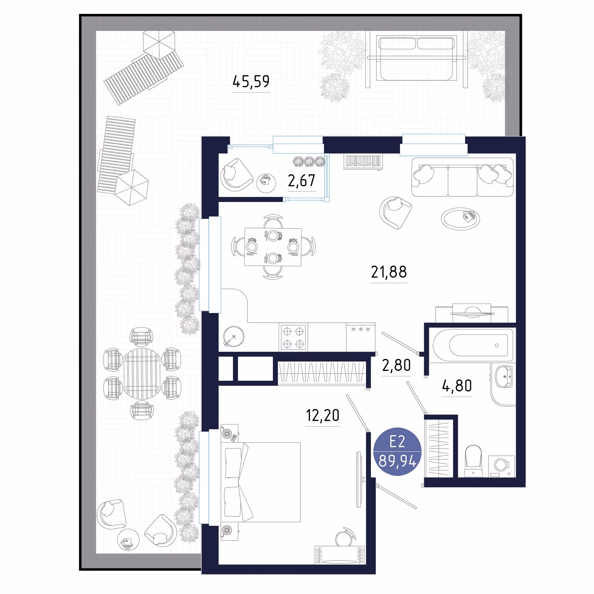 Планировка Квартира с одной спальней и гостиной 22 м² (Евро-2)