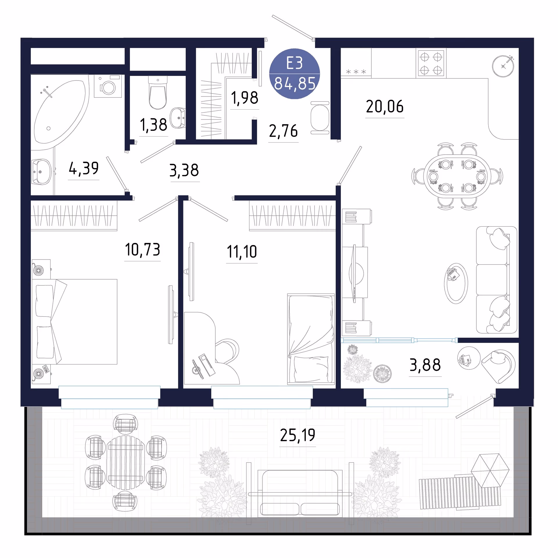 Планировка Квартира с двумя спальнями и гостиной 20 м² (Евро-3)
