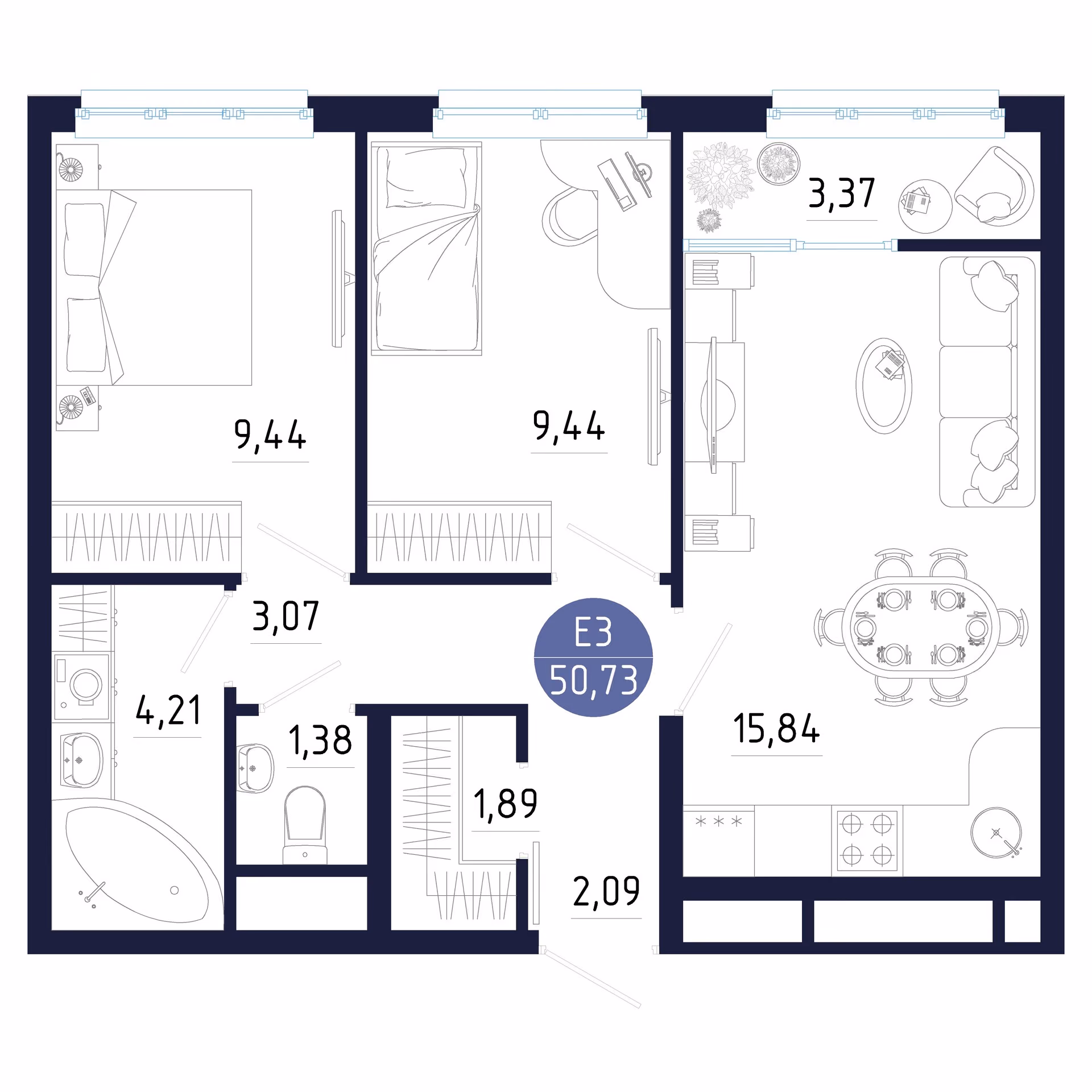 Планировка Квартира с двумя спальнями и гостиной 16 м² (Евро-3)