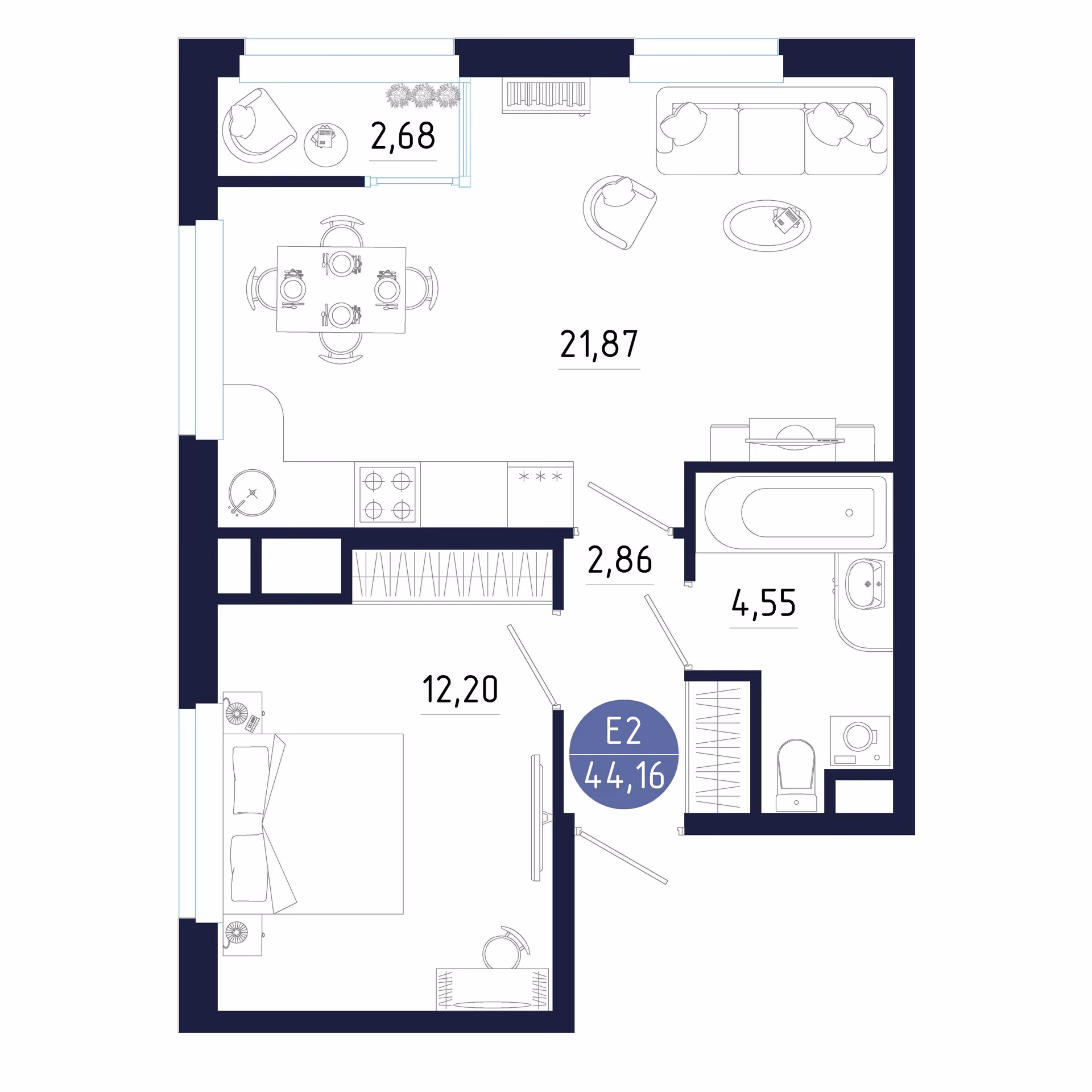 Планировка Квартира с одной спальней и гостиной 22 м² (Евро-2)