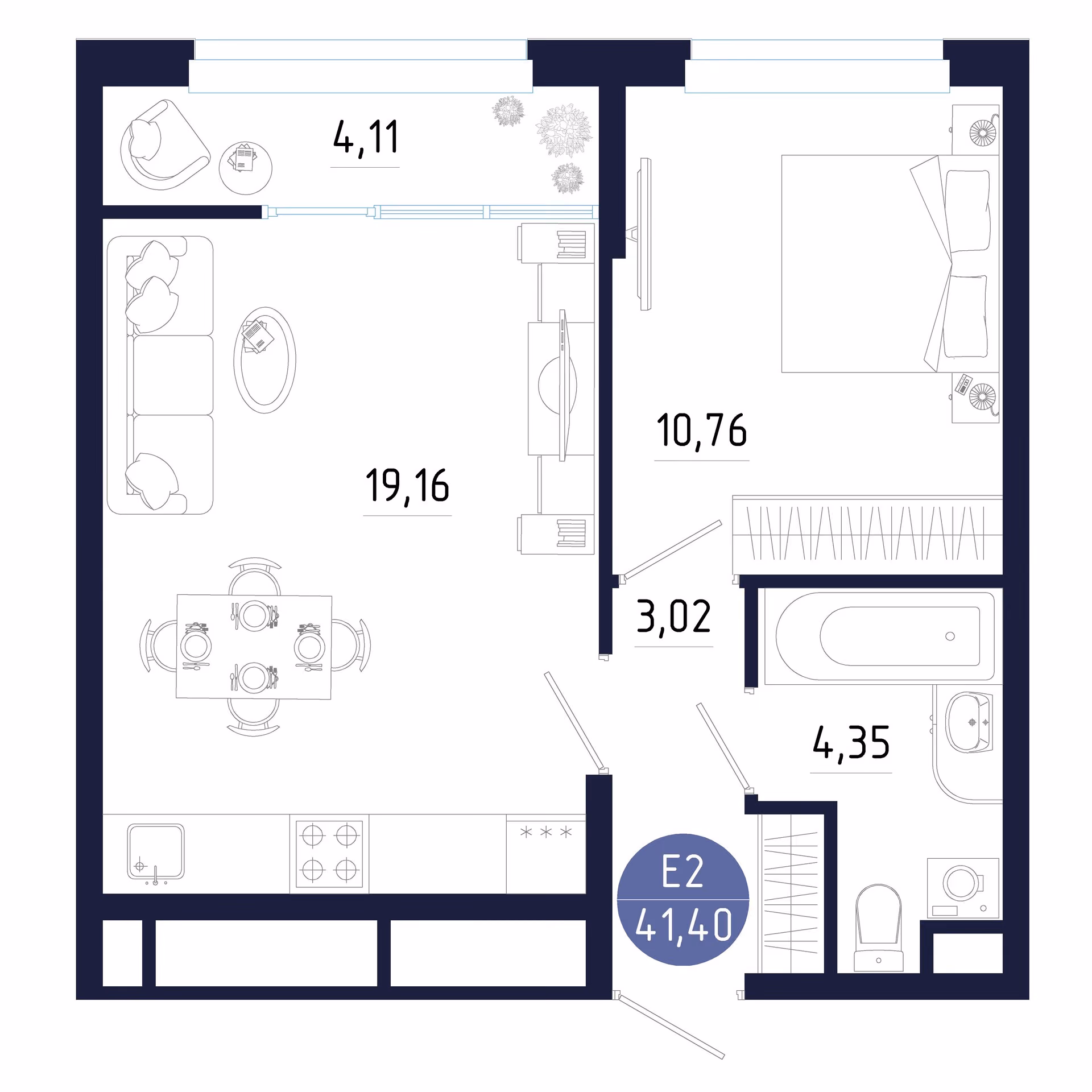 Планировка Квартира с одной спальней и гостиной 19 м² (Евро-2)