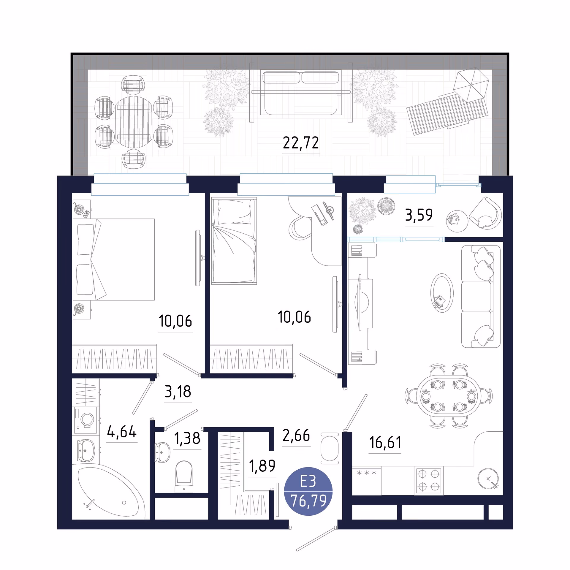 Планировка Квартира с двумя спальнями и гостиной 17 м² (Евро-3)