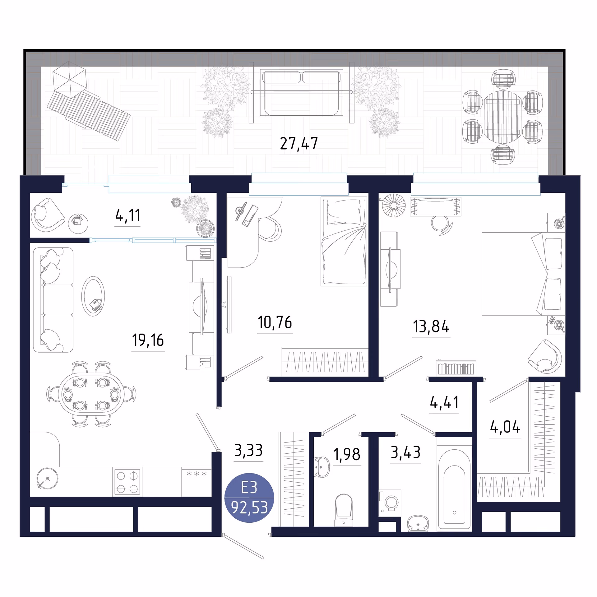 Планировка Квартира с двумя спальнями и гостиной 19 м² (Евро-3)